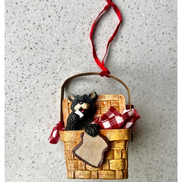 Black Bear In Basket Christmas Ornament With Red Ribbon By KSA Inc. NIB - Picture 2 of 10